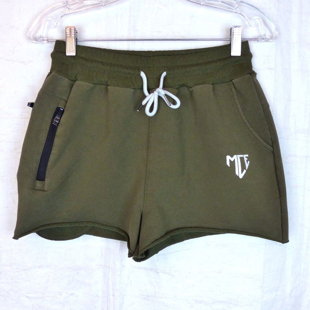MCE Creations Sweat Shorts Mens Size L Olive Green Drawstring Lounge Zipper Gym